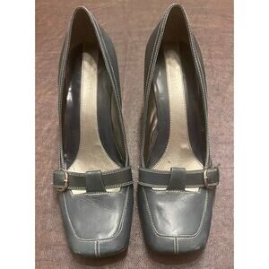 Vintage Y2K Nine West Leather Buckle Kitten Heels Gray Square Toe Pumps 8.5 M
